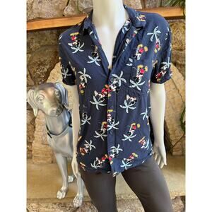 Disney Mickey Mouse Button Down Short Sleeve Rayon Palm Tree Shirt Women's S